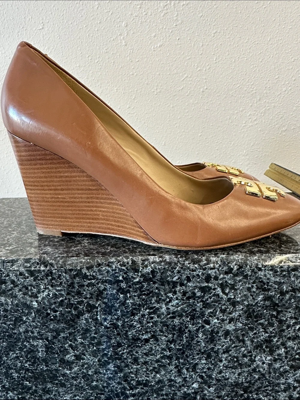 Tory Burch Brown Leather Wedges with Gold Logo
